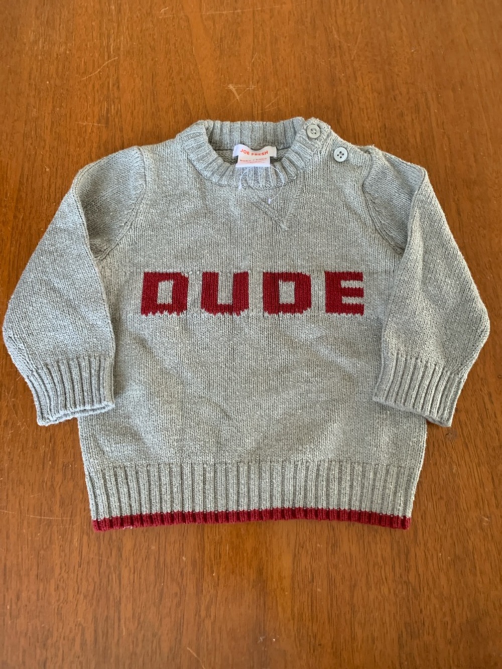 🍊5/$25 NWOT Joe Fresh Gray Knit Sweater with Red "DUDE" size 6-12m